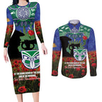 Personalised NZ Warriors Rugby ANZAC Day Couples Matching Long Sleeve Bodycon Dress and Long Sleeve Button Shirt Last Post Poppy We Will Remember Them