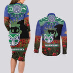 Personalised NZ Warriors Rugby ANZAC Day Couples Matching Long Sleeve Bodycon Dress and Long Sleeve Button Shirt Last Post Poppy We Will Remember Them