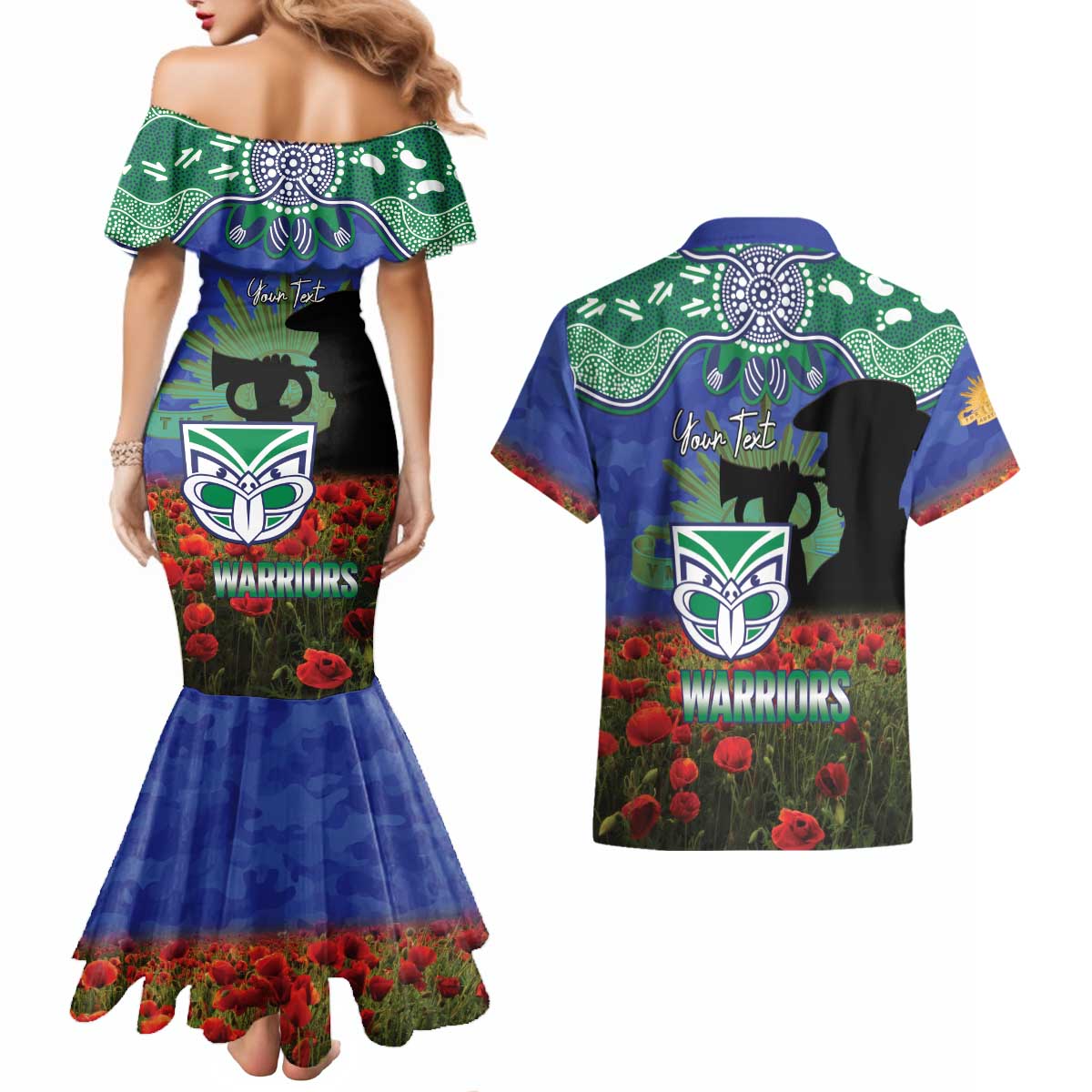 Personalised NZ Warriors Rugby ANZAC Day Couples Matching Mermaid Dress and Hawaiian Shirt Last Post Poppy We Will Remember Them