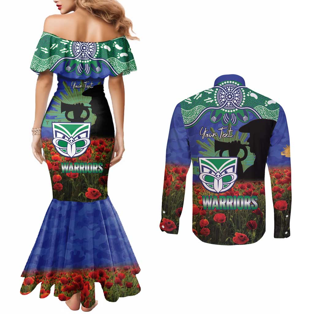 Personalised NZ Warriors Rugby ANZAC Day Couples Matching Mermaid Dress and Long Sleeve Button Shirt Last Post Poppy We Will Remember Them