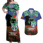Personalised NZ Warriors Rugby ANZAC Day Couples Matching Off Shoulder Maxi Dress and Hawaiian Shirt Last Post Poppy We Will Remember Them