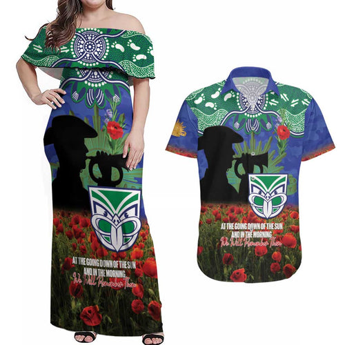 Personalised NZ Warriors Rugby ANZAC Day Couples Matching Off Shoulder Maxi Dress and Hawaiian Shirt Last Post Poppy We Will Remember Them