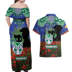 Personalised NZ Warriors Rugby ANZAC Day Couples Matching Off Shoulder Maxi Dress and Hawaiian Shirt Last Post Poppy We Will Remember Them