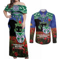 Personalised NZ Warriors Rugby ANZAC Day Couples Matching Off Shoulder Maxi Dress and Long Sleeve Button Shirt Last Post Poppy We Will Remember Them