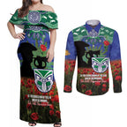 Personalised NZ Warriors Rugby ANZAC Day Couples Matching Off Shoulder Maxi Dress and Long Sleeve Button Shirt Last Post Poppy We Will Remember Them