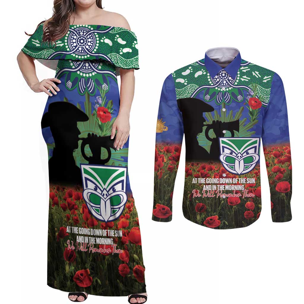 Personalised NZ Warriors Rugby ANZAC Day Couples Matching Off Shoulder Maxi Dress and Long Sleeve Button Shirt Last Post Poppy We Will Remember Them