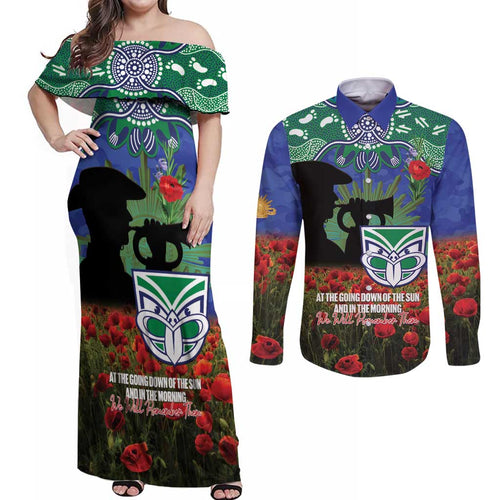 Personalised NZ Warriors Rugby ANZAC Day Couples Matching Off Shoulder Maxi Dress and Long Sleeve Button Shirt Last Post Poppy We Will Remember Them