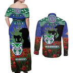 Personalised NZ Warriors Rugby ANZAC Day Couples Matching Off Shoulder Maxi Dress and Long Sleeve Button Shirt Last Post Poppy We Will Remember Them