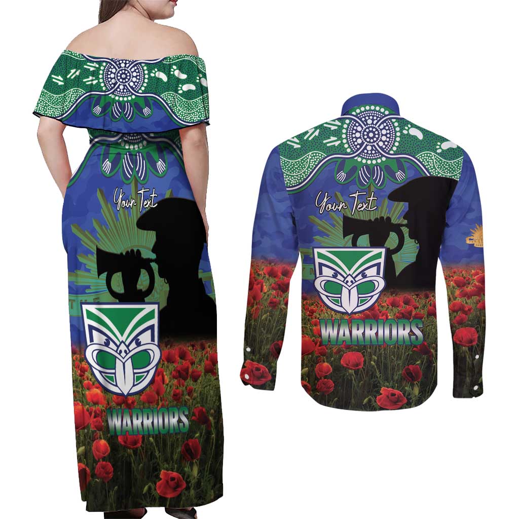 Personalised NZ Warriors Rugby ANZAC Day Couples Matching Off Shoulder Maxi Dress and Long Sleeve Button Shirt Last Post Poppy We Will Remember Them