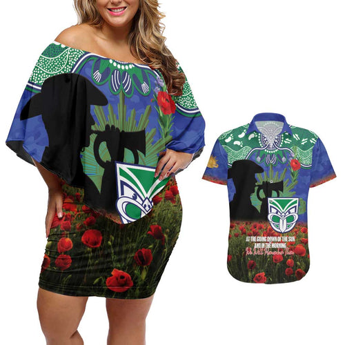 Personalised NZ Warriors Rugby ANZAC Day Couples Matching Off Shoulder Short Dress and Hawaiian Shirt Last Post Poppy We Will Remember Them
