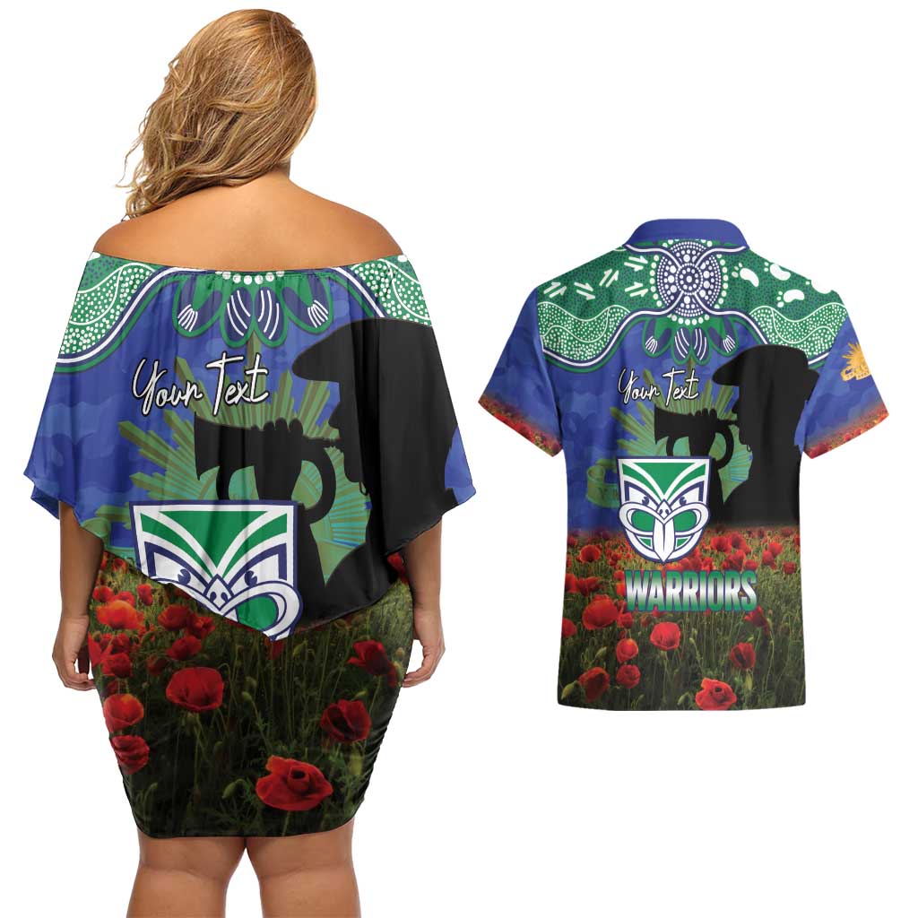 Personalised NZ Warriors Rugby ANZAC Day Couples Matching Off Shoulder Short Dress and Hawaiian Shirt Last Post Poppy We Will Remember Them
