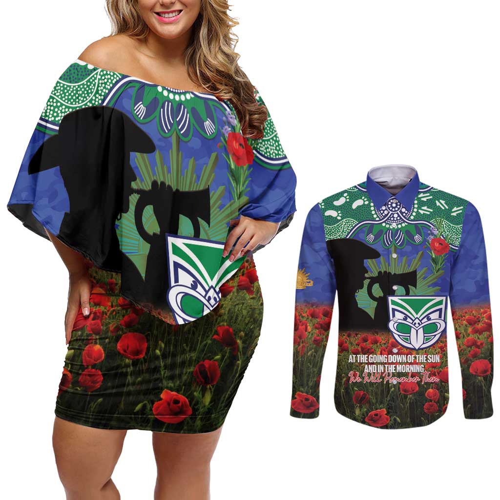 Personalised NZ Warriors Rugby ANZAC Day Couples Matching Off Shoulder Short Dress and Long Sleeve Button Shirt Last Post Poppy We Will Remember Them