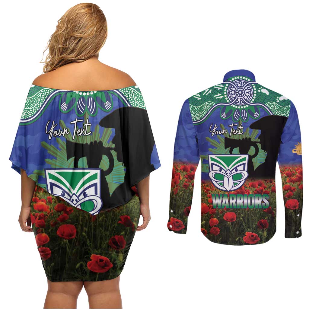 Personalised NZ Warriors Rugby ANZAC Day Couples Matching Off Shoulder Short Dress and Long Sleeve Button Shirt Last Post Poppy We Will Remember Them