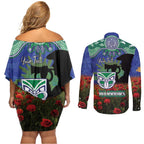 Personalised NZ Warriors Rugby ANZAC Day Couples Matching Off Shoulder Short Dress and Long Sleeve Button Shirt Last Post Poppy We Will Remember Them