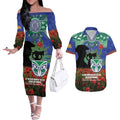Personalised NZ Warriors Rugby ANZAC Day Couples Matching Off The Shoulder Long Sleeve Dress and Hawaiian Shirt Last Post Poppy We Will Remember Them