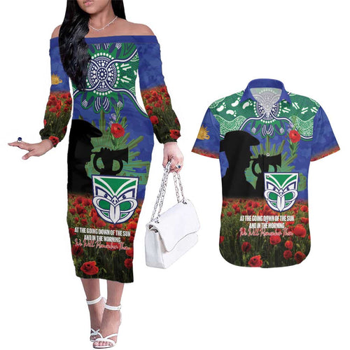Personalised NZ Warriors Rugby ANZAC Day Couples Matching Off The Shoulder Long Sleeve Dress and Hawaiian Shirt Last Post Poppy We Will Remember Them