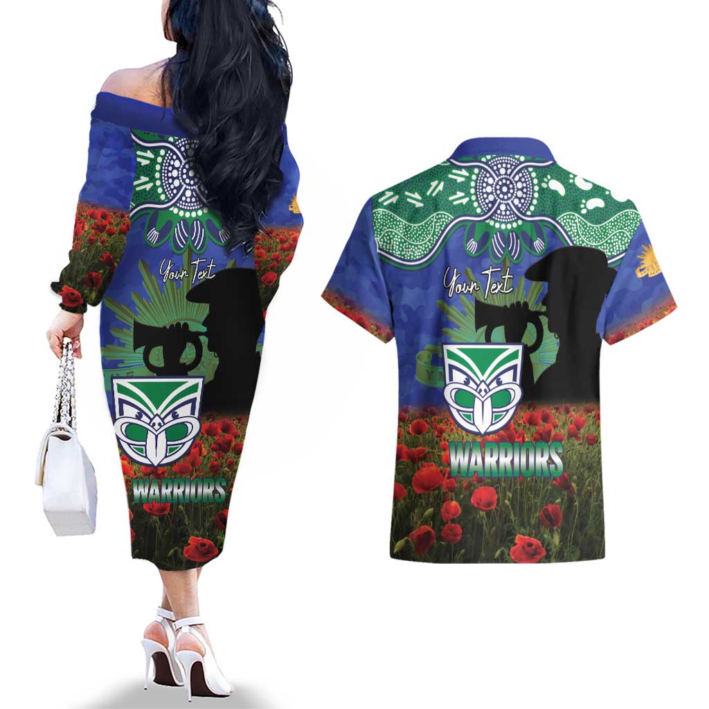 Personalised NZ Warriors Rugby ANZAC Day Couples Matching Off The Shoulder Long Sleeve Dress and Hawaiian Shirt Last Post Poppy We Will Remember Them