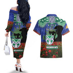 Personalised NZ Warriors Rugby ANZAC Day Couples Matching Off The Shoulder Long Sleeve Dress and Hawaiian Shirt Last Post Poppy We Will Remember Them