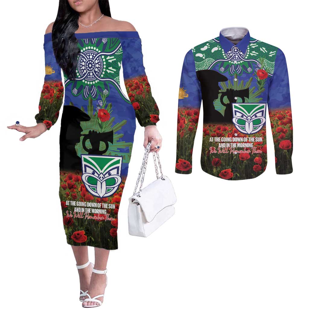 Personalised NZ Warriors Rugby ANZAC Day Couples Matching Off The Shoulder Long Sleeve Dress and Long Sleeve Button Shirt Last Post Poppy We Will Remember Them