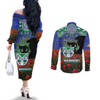 Personalised NZ Warriors Rugby ANZAC Day Couples Matching Off The Shoulder Long Sleeve Dress and Long Sleeve Button Shirt Last Post Poppy We Will Remember Them