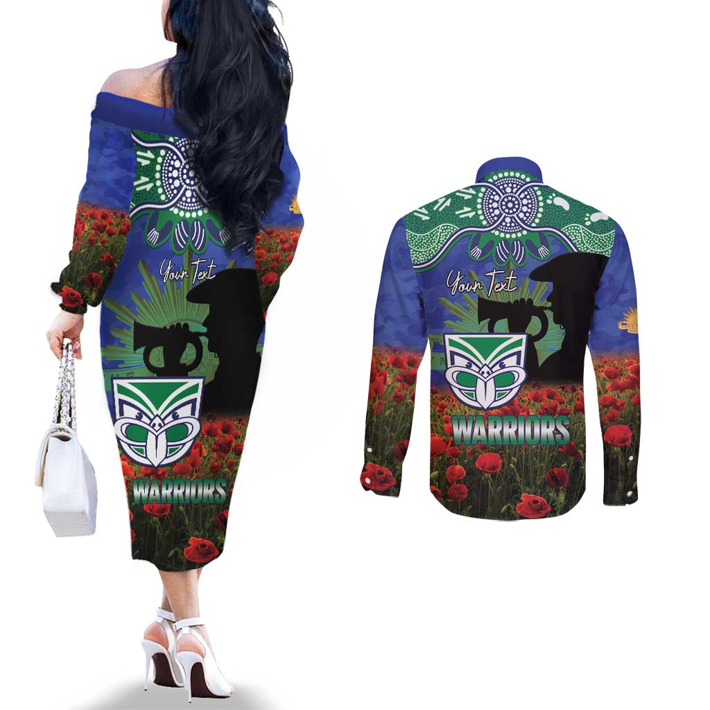 Personalised NZ Warriors Rugby ANZAC Day Couples Matching Off The Shoulder Long Sleeve Dress and Long Sleeve Button Shirt Last Post Poppy We Will Remember Them