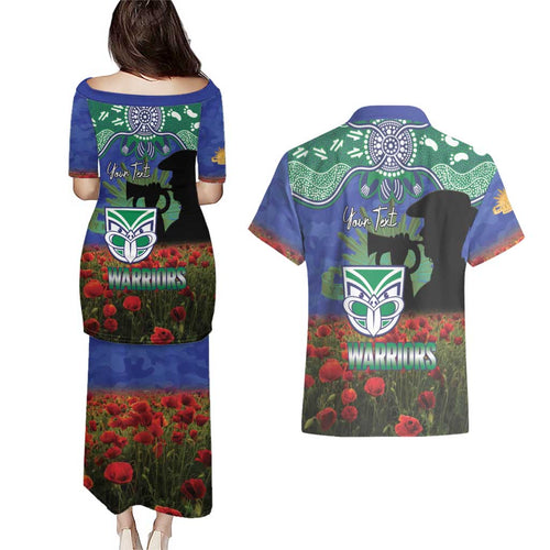 Personalised NZ Warriors Rugby ANZAC Day Couples Matching Puletasi and Hawaiian Shirt Last Post Poppy We Will Remember Them
