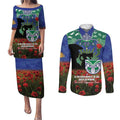 Personalised NZ Warriors Rugby ANZAC Day Couples Matching Puletasi and Long Sleeve Button Shirt Last Post Poppy We Will Remember Them