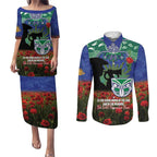 Personalised NZ Warriors Rugby ANZAC Day Couples Matching Puletasi and Long Sleeve Button Shirt Last Post Poppy We Will Remember Them
