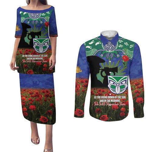 Personalised NZ Warriors Rugby ANZAC Day Couples Matching Puletasi and Long Sleeve Button Shirt Last Post Poppy We Will Remember Them