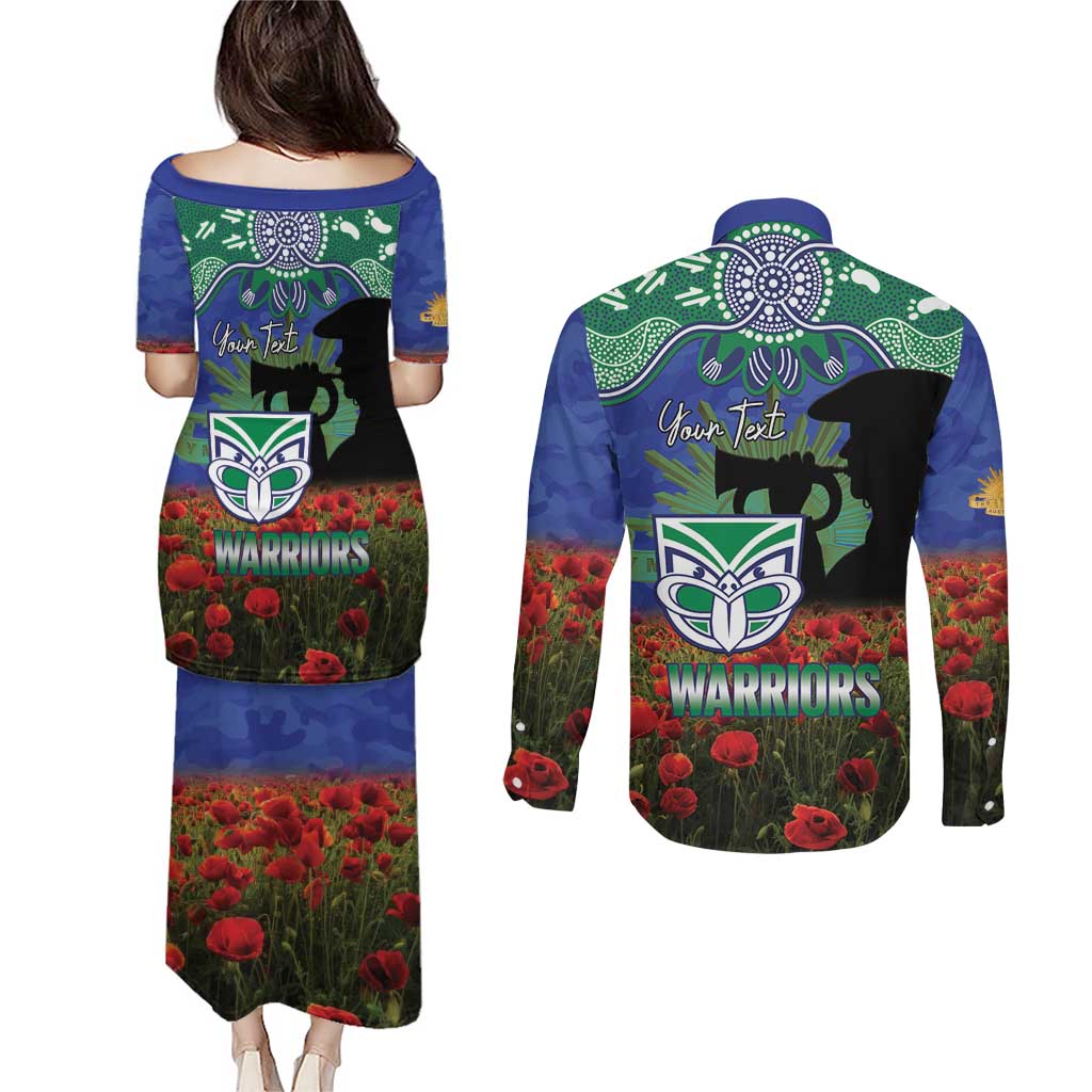 Personalised NZ Warriors Rugby ANZAC Day Couples Matching Puletasi and Long Sleeve Button Shirt Last Post Poppy We Will Remember Them