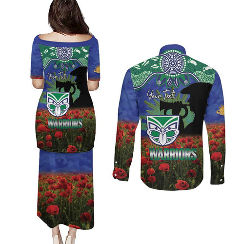 Personalised NZ Warriors Rugby ANZAC Day Couples Matching Puletasi and Long Sleeve Button Shirt Last Post Poppy We Will Remember Them