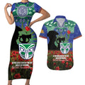 Personalised NZ Warriors Rugby ANZAC Day Couples Matching Short Sleeve Bodycon Dress and Hawaiian Shirt Last Post Poppy We Will Remember Them