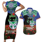 Personalised NZ Warriors Rugby ANZAC Day Couples Matching Short Sleeve Bodycon Dress and Hawaiian Shirt Last Post Poppy We Will Remember Them