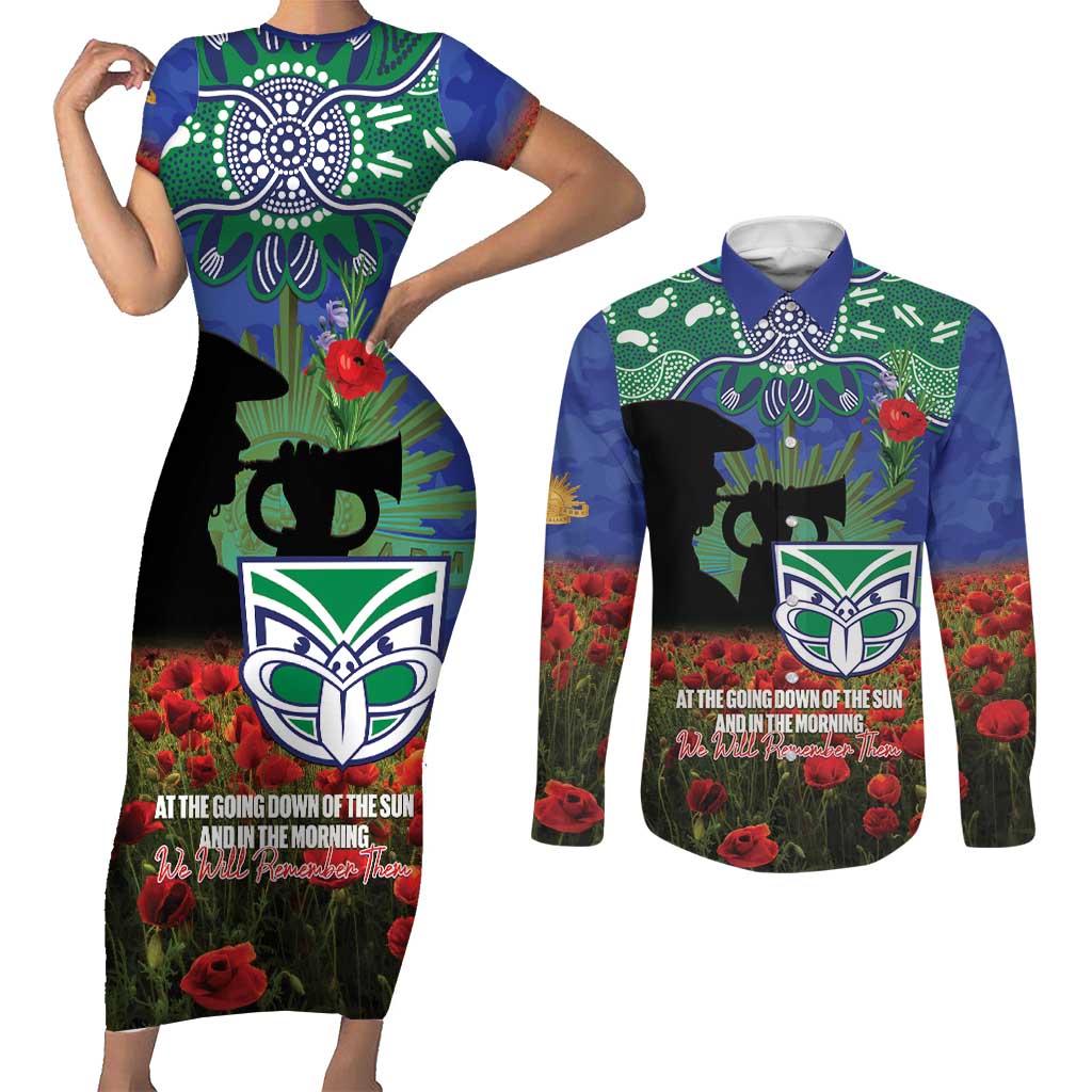 Personalised NZ Warriors Rugby ANZAC Day Couples Matching Short Sleeve Bodycon Dress and Long Sleeve Button Shirt Last Post Poppy We Will Remember Them