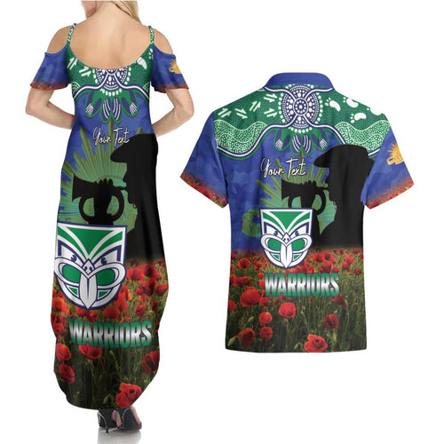 Personalised NZ Warriors Rugby ANZAC Day Couples Matching Summer Maxi Dress and Hawaiian Shirt Last Post Poppy We Will Remember Them