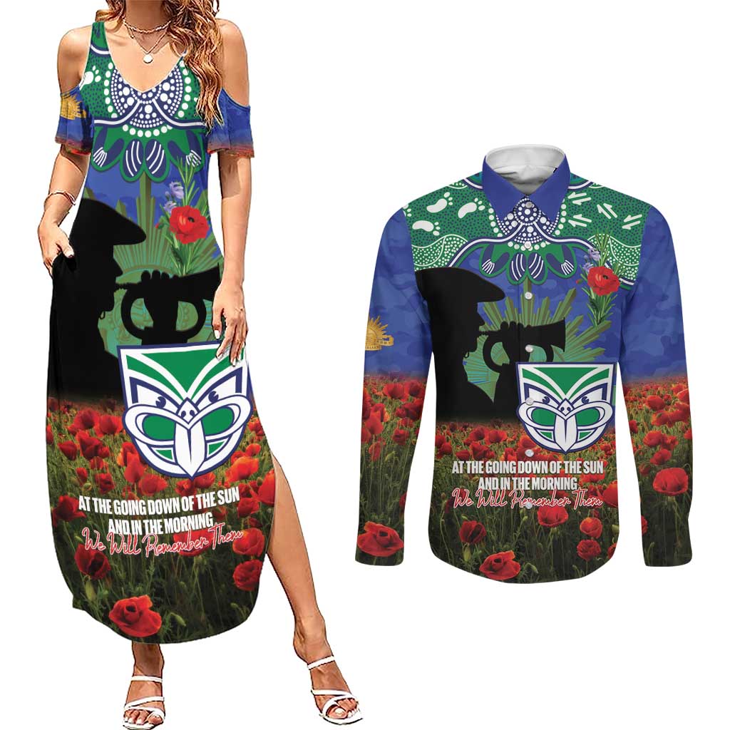 Personalised NZ Warriors Rugby ANZAC Day Couples Matching Summer Maxi Dress and Long Sleeve Button Shirt Last Post Poppy We Will Remember Them