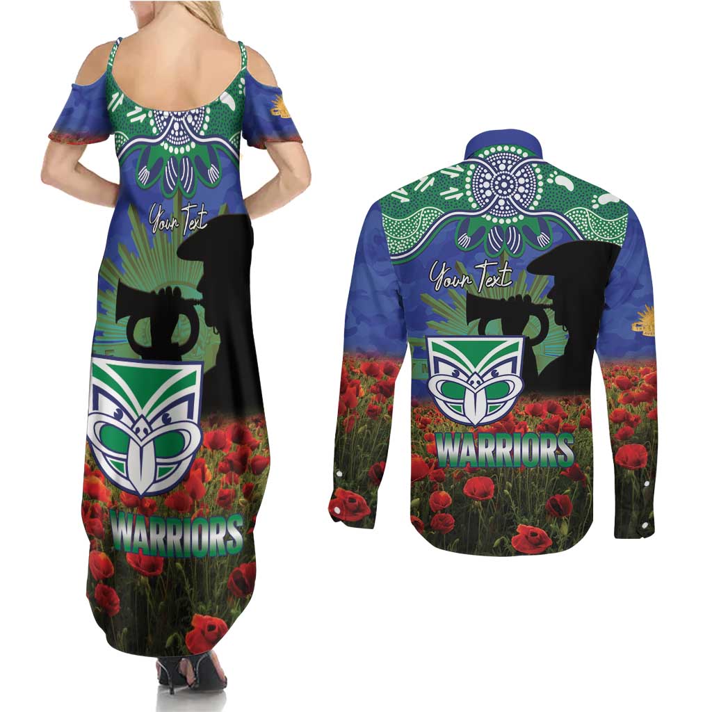 Personalised NZ Warriors Rugby ANZAC Day Couples Matching Summer Maxi Dress and Long Sleeve Button Shirt Last Post Poppy We Will Remember Them