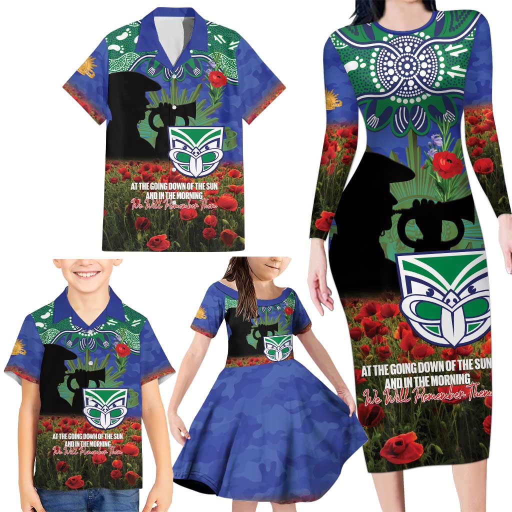 Personalised NZ Warriors Rugby ANZAC Day Family Matching Long Sleeve Bodycon Dress and Hawaiian Shirt Last Post Poppy We Will Remember Them