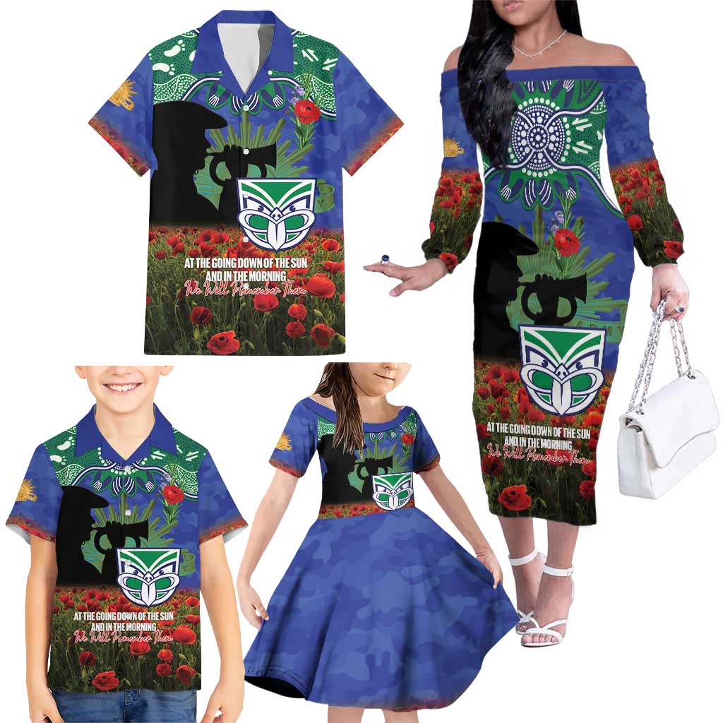 Personalised NZ Warriors Rugby ANZAC Day Family Matching Off The Shoulder Long Sleeve Dress and Hawaiian Shirt Last Post Poppy We Will Remember Them