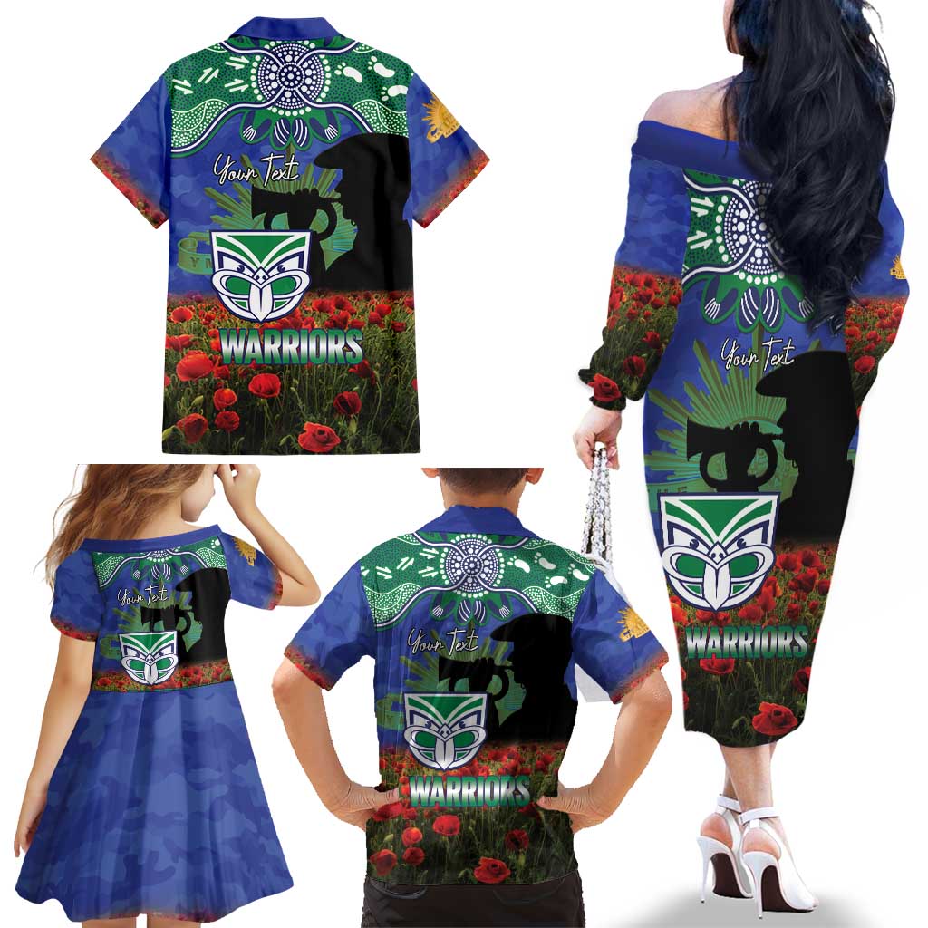 Personalised NZ Warriors Rugby ANZAC Day Family Matching Off The Shoulder Long Sleeve Dress and Hawaiian Shirt Last Post Poppy We Will Remember Them