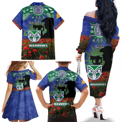 Personalised NZ Warriors Rugby ANZAC Day Family Matching Off The Shoulder Long Sleeve Dress and Hawaiian Shirt Last Post Poppy We Will Remember Them