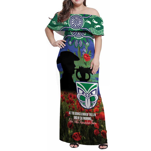Personalised NZ Warriors Rugby ANZAC Day Family Matching Off Shoulder Maxi Dress and Hawaiian Shirt Last Post Poppy We Will Remember Them