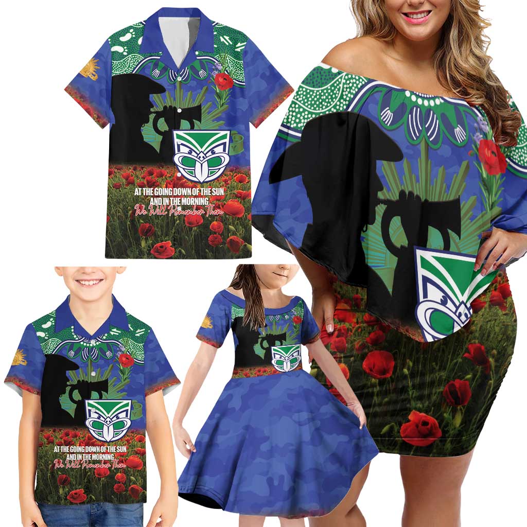 Personalised NZ Warriors Rugby ANZAC Day Family Matching Off Shoulder Short Dress and Hawaiian Shirt Last Post Poppy We Will Remember Them