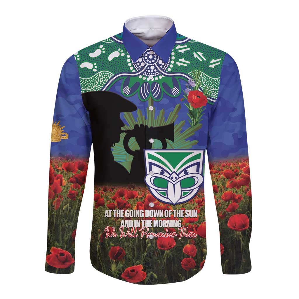 Personalised NZ Warriors Rugby ANZAC Day Long Sleeve Button Shirt Last Post Poppy We Will Remember Them