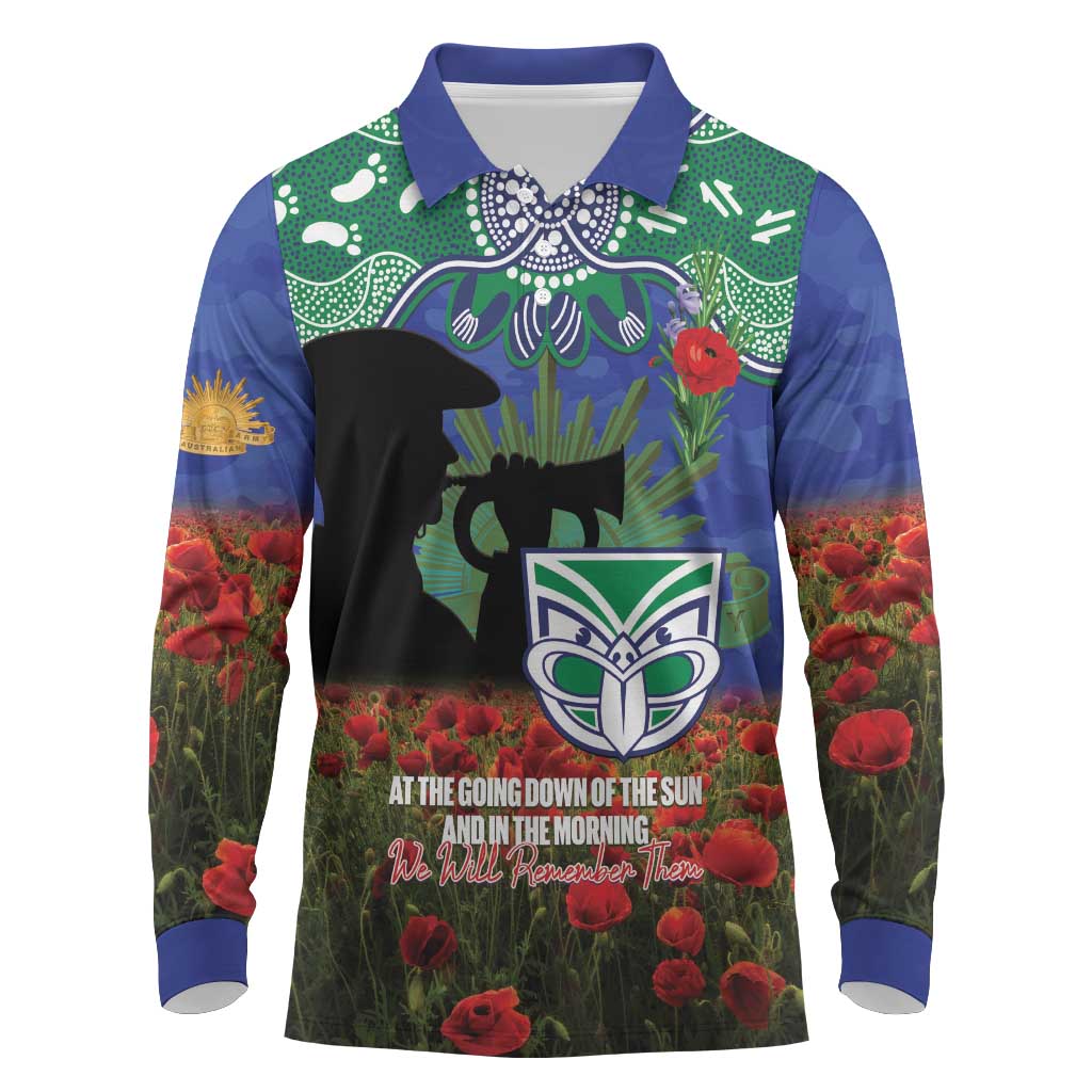 Personalised NZ Warriors Rugby ANZAC Day Long Sleeve Polo Shirt Last Post Poppy We Will Remember Them