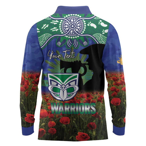 Personalised NZ Warriors Rugby ANZAC Day Long Sleeve Polo Shirt Last Post Poppy We Will Remember Them