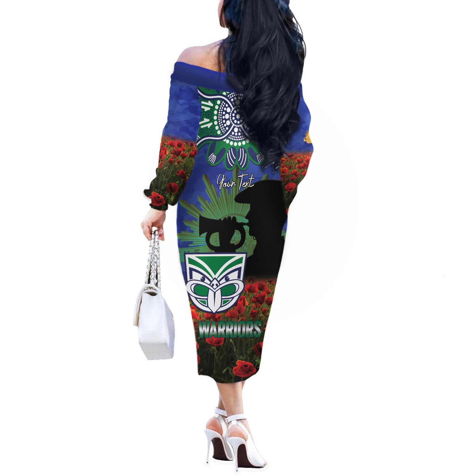 Personalised NZ Warriors Rugby ANZAC Day Off The Shoulder Long Sleeve Dress Last Post Poppy We Will Remember Them