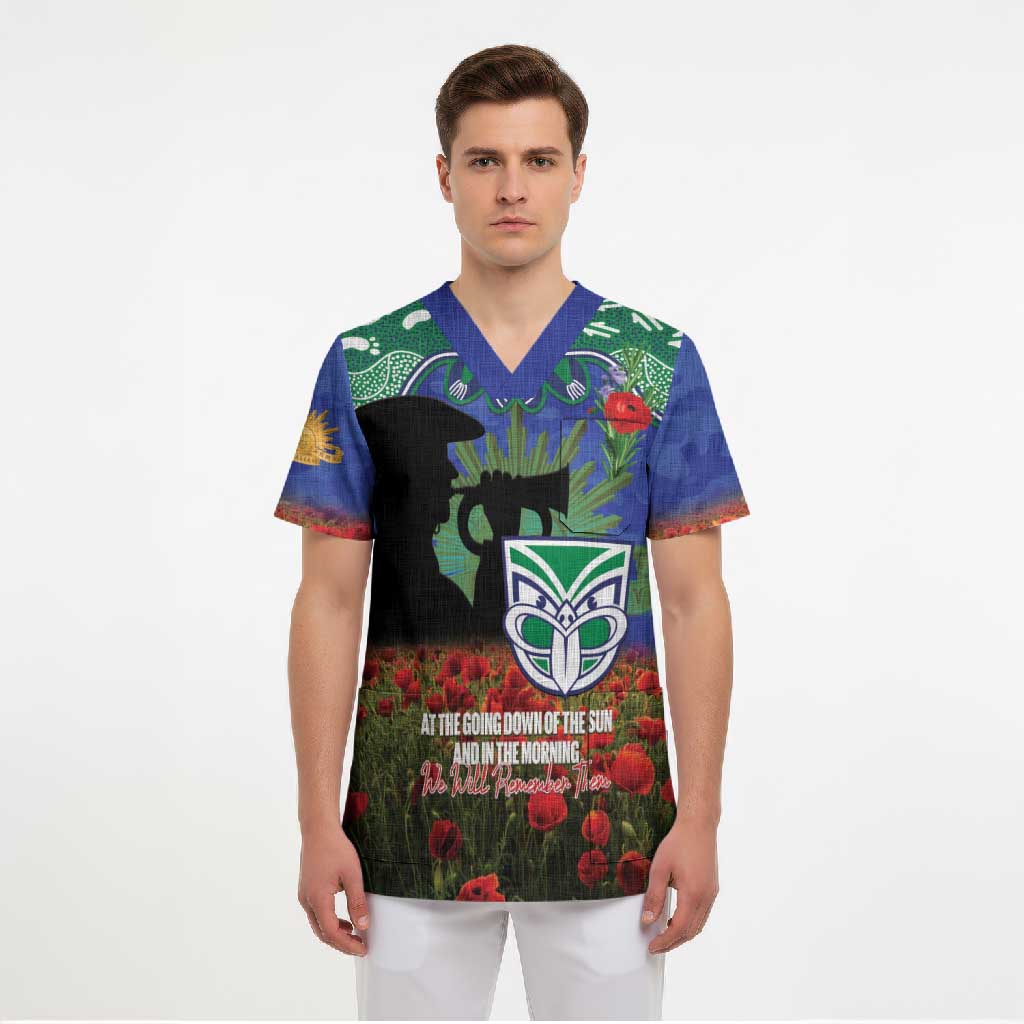 Personalised NZ Warriors Rugby ANZAC Day Scrub Top Last Post Poppy We Will Remember Them