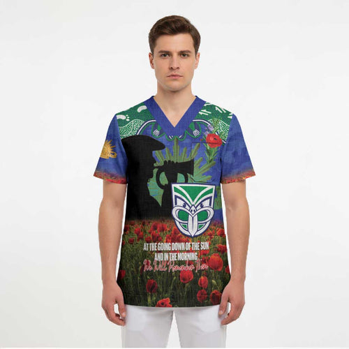 Personalised NZ Warriors Rugby ANZAC Day Scrub Top Last Post Poppy We Will Remember Them