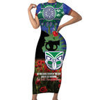 Personalised NZ Warriors Rugby ANZAC Day Short Sleeve Bodycon Dress Last Post Poppy We Will Remember Them